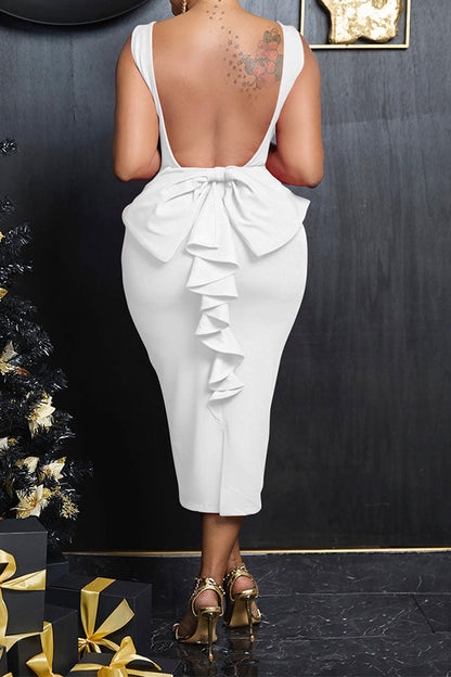 namcoverse Solid Color Elegant Bow Decor Backless Midi Dress