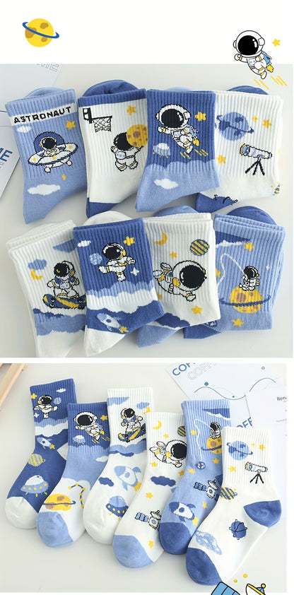 8 Pairs Of Kid's Fashion Cute Astronaut Pattern Crew Socks, Comfy & Breathable Soft & Elastic Sport Socks For Spring And Summer