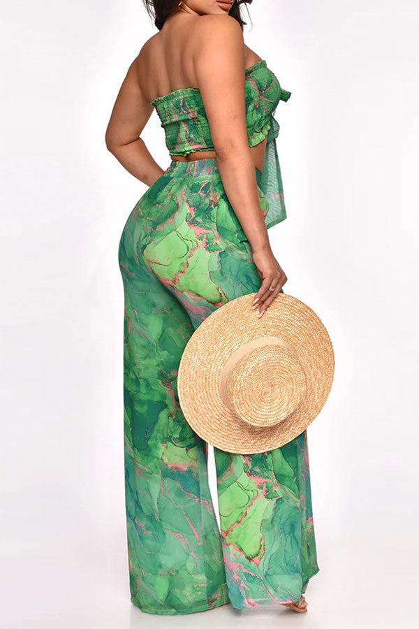 storexq Tie Dye Tropical Tie Front Wide Leg Pant Suit