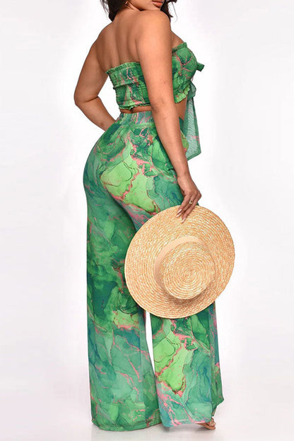 storexq Tie Dye Tropical Tie Front Wide Leg Pant Suit