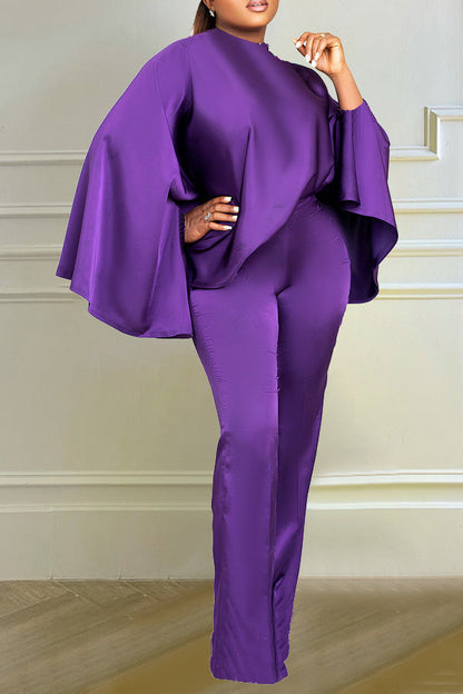 storexq Solid Color Batwing Sleeve Rocking Flowy Pant Suit