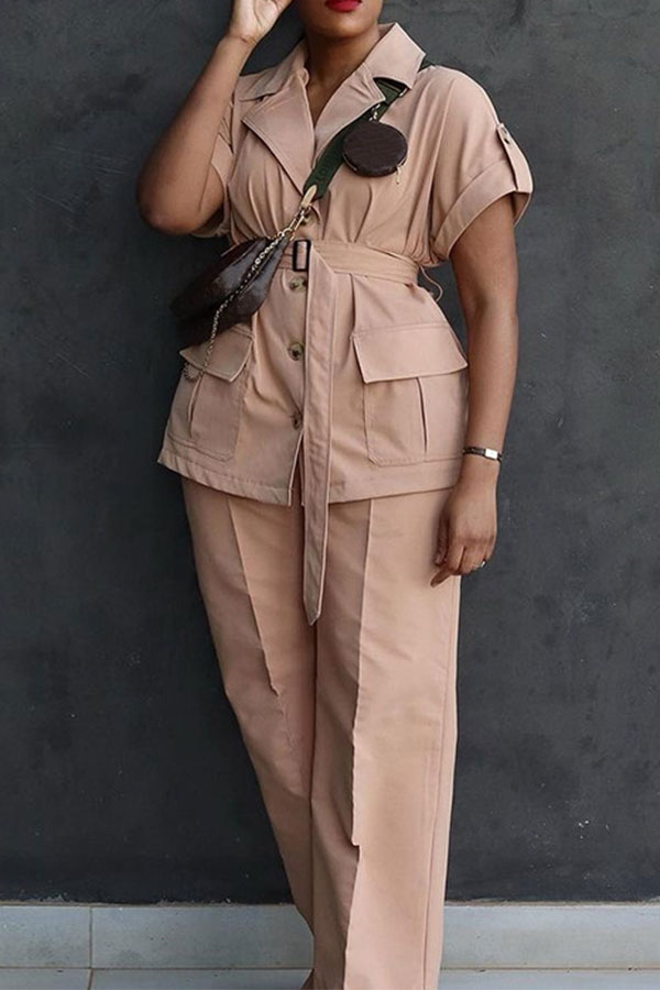 storexq Solid Color Casual Belted Wide Leg Pant Suit