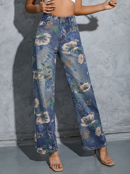 Fashionable Womens Floral Print Jeans - Loose Fit, Distressed Denim, Practical Pockets, Casual Straight Leg Pants for Everyday Style