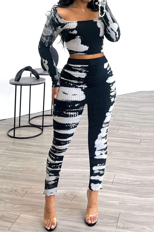 storexq Tie Dye Ribbed Laid Back Bodycon Pant Suit