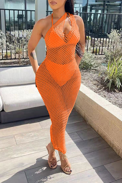 namcoverse Solid Color Casual Fishnet See-Through Maxi Dress Beachwear