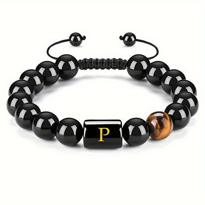 1pc Stunning 26-Letter 10MM Synthetic Stone Bead Adjustable Rope Chain Woven Bracelet - Fashionable Accessory for Men and Women - Ideal Gift for Friends and Family - Durable and Comfortable to Wear