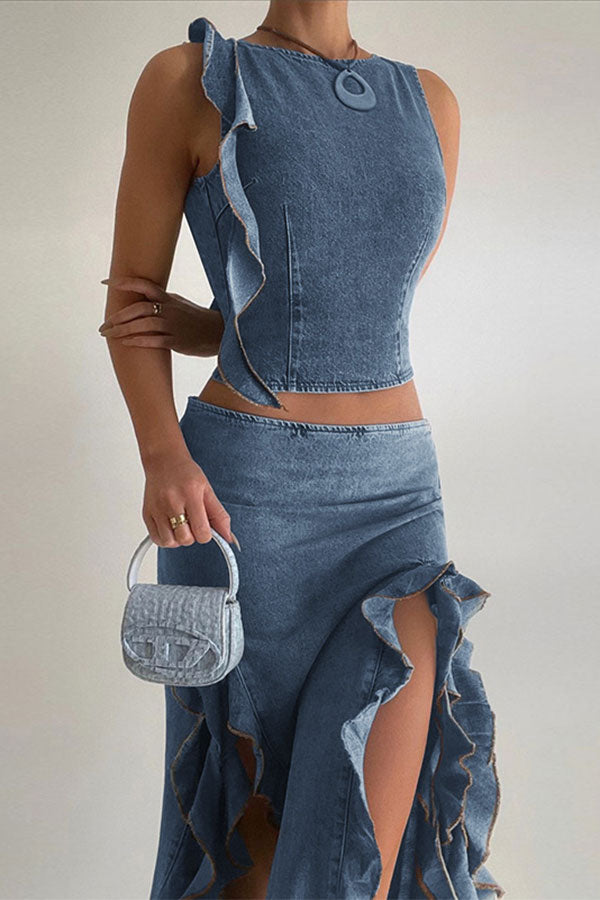 namcoverse Solid Color Girly Ruffles High Split Denim Dress Suit