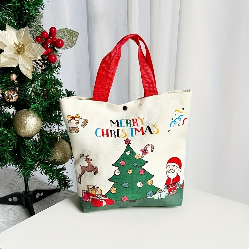 1pc Festive Christmas Canvas Gift Bag, Small Handbag with Candy Apple Design, Holiday Party Supplies, Fabric, No Power Required, Home & Kitchen Decor