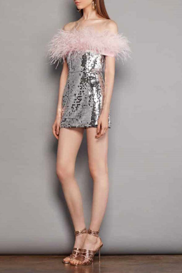 storexq Feather Trim Off Shoulder Pretty Sequined Mini Dress