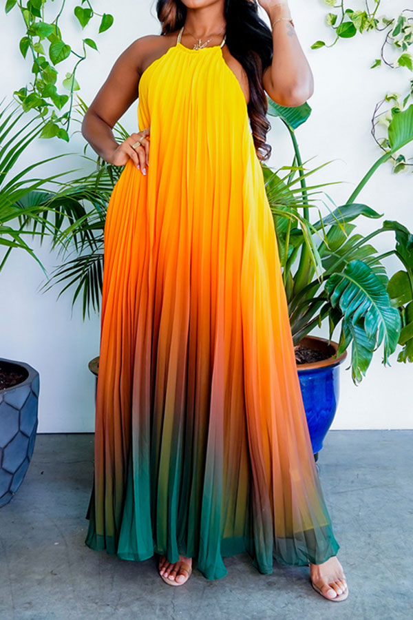 storexq Gradient Glamorous Pleated Backless Maxi Dress