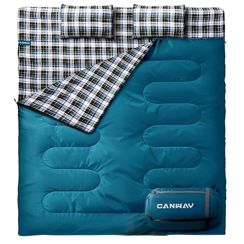 XXL Queen Size 2 Person Flannel Double Sleeping Bag with 2 Pillows - Ultra-Warm, Waterproof, and Spacious for Cold Weather Camping - Ideal for Adults and Couples