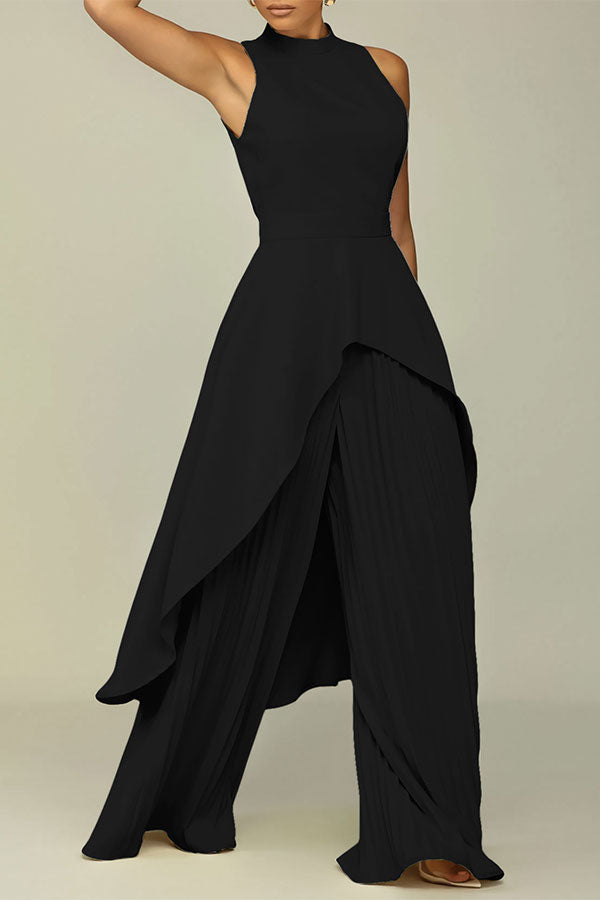 storexq Solid Color Halter Collar Stunning Irregular Pleated Pant Suit