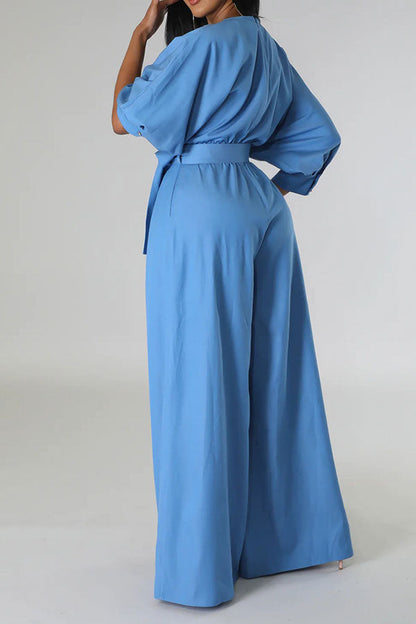 storexq Solid Color Pretty Belted Wide Leg Jumpsuit