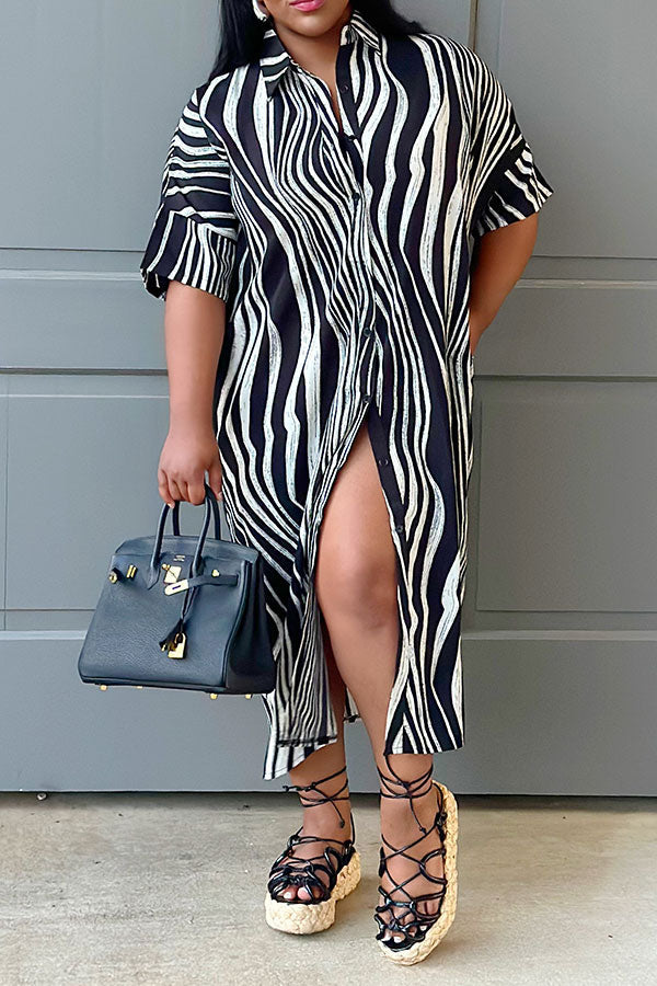 storexq Zebra Print Shirt Collar Casual Button Midi Dress