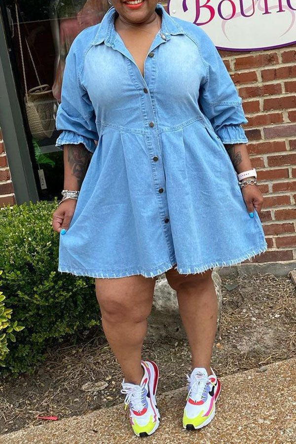 storexq Light Blue Lapel Girly Denim Mini Dress