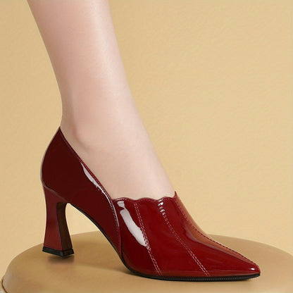 Elegant All-Season Pumps: Pointed Toe, Breathable Comfort, Slip-On, Mid-Heel, Glossy Patent Leather