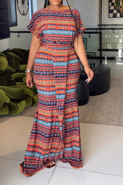 storexq Striped Tribal Print On-trend Irregular Maxi Dress