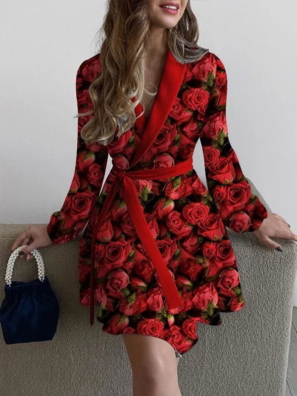 designer dresses Women Casual Dresses Spring and autumn floral print lapel V-neck long sleeve belted dress Clothing fashion elegance Clothes baa ea0