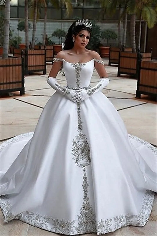 Saudi Arabia Dubai Kaftan Satin Ball Gown Wedding Dresses Luxury Crystals Beaded Off Shoulder Formal Bridal Gowns Chapel Train Bride Vestidos Abitidasposa AL4305