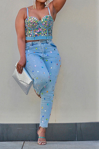 storexq Colorful Crystal Glitter Denim Camisole