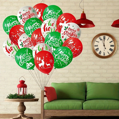 18pcs Christmas Party Balloon Set - 12" Green, Red & White Latex with Reindeer & Tree Prints for Festive Decorations