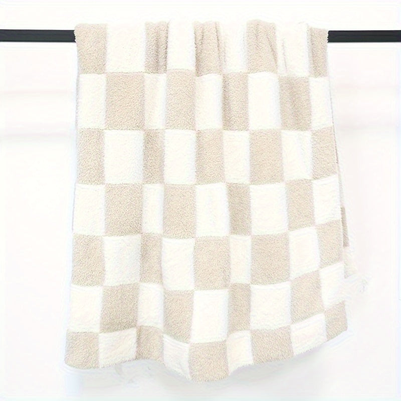 1pc Plush Feather Yarn Knitted Cozy Throw Blanket - Soft, Checkerboard Pattern, Warm, Lightweight, Easy Care - Perfect for Bed, Sofa, Couch, Office, Indoor Outdoor Use