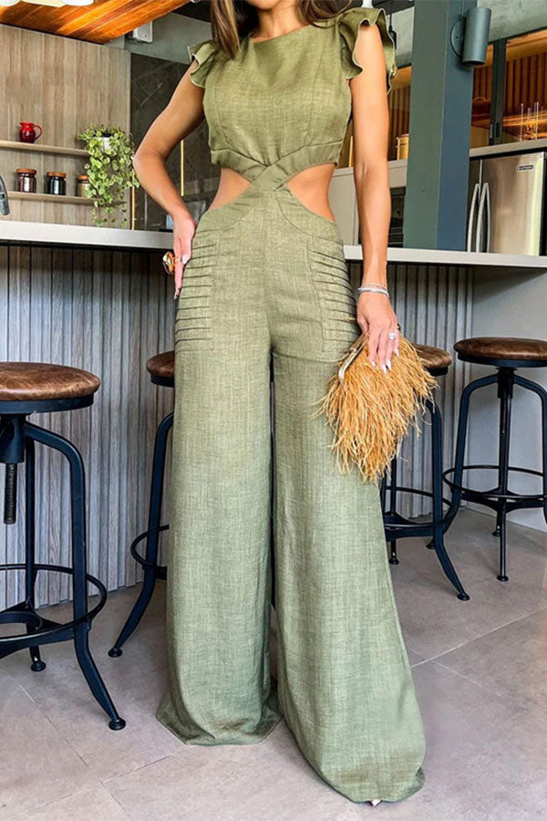 storexq Solid Color Ruffle Glamorous Cutout Waist Jumpsuit