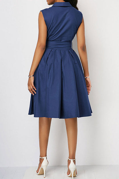 storexq Solid Color Notched Lapel Urban Belted Midi Dress