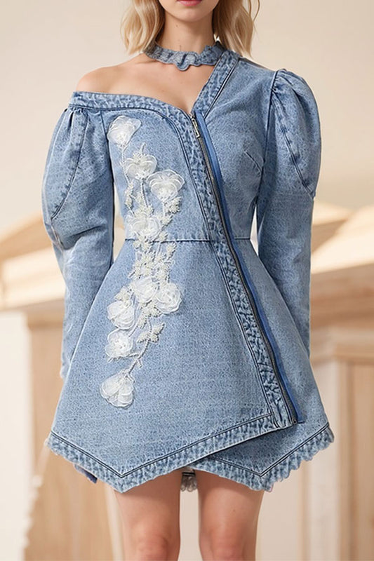 storexq Tulle Floral Applique Decor Sophisticated Irregular Denim Mini Dress