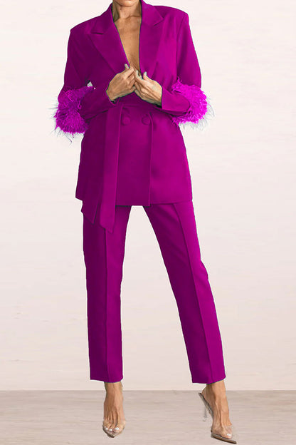 storexq Solid Color Feather Trim Elegant Belted Pant Suit