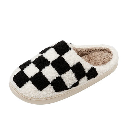 ASIFN Retro Checkered Fuzzy Checker Plush Slippers for Women for Cozy Winter Comfort Fluffy House Soft Shoes Indoor Sole