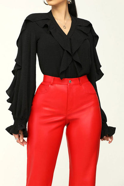 storexq Solid Color Modern Ruffle Patchwork Blouse