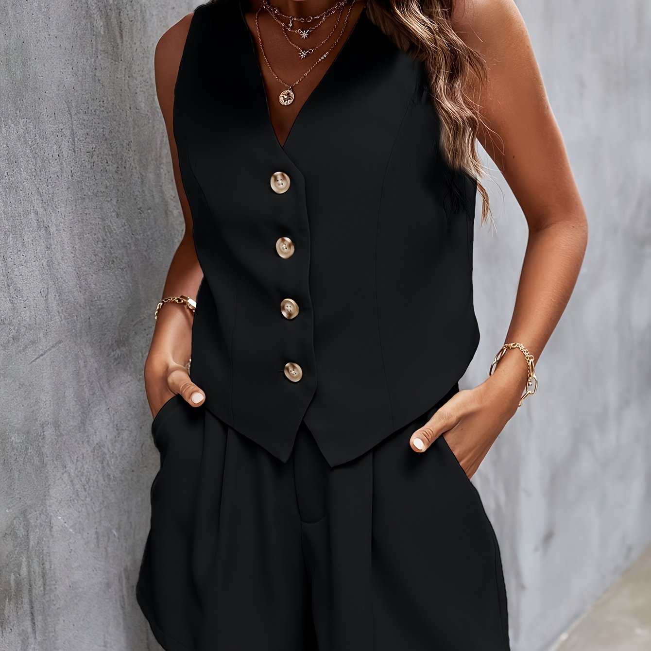 V Neck Sleeveless Suit Vest & Loose Pintuck Shorts Set - Elegant Polyester Solid Color Casual Wear for Women - No Elasticity, Woven, V Neckline, Slant Pocket, Button Front, and Sleeveless Design