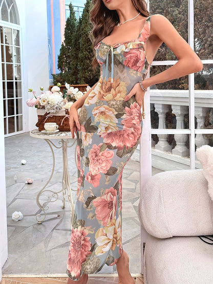 Vibrant Floral Print Semi Sheer Boho Chic Maxi Slip Dress - Comfortable V Neck Backless Design, Mid Elasticity Polyester Fabric, Random Floral Pattern, All Season Wear - Soft, Cozy, and Stylish Sleepwear for Women