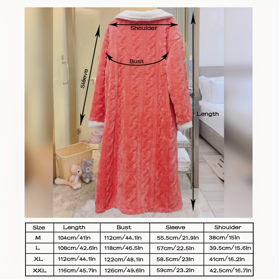 1pc Plush Coral Fleece Bathrobe - Soft, Thickened, Long Sleeve Nightgown for Women - Luxurious Sleepwear and Loungewear for Autumn and Winter - Bathroom Essentials