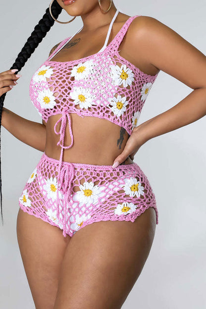 storexq Flower Pattern Pretty Crochet Cutout Drawstring Pant Suit Beachwear