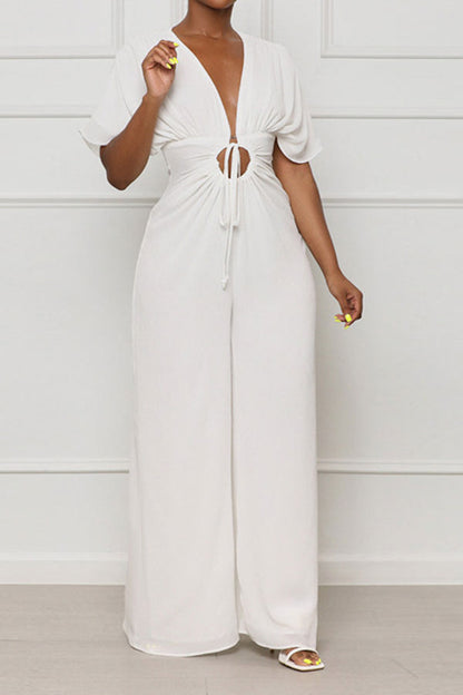 storexq Solid Color Casual Lace-Up Cutout Wide Leg Jumpsuit