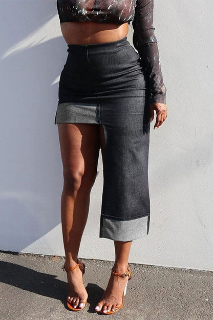 storexq Hit Color Unique Irregular Denim Skirt