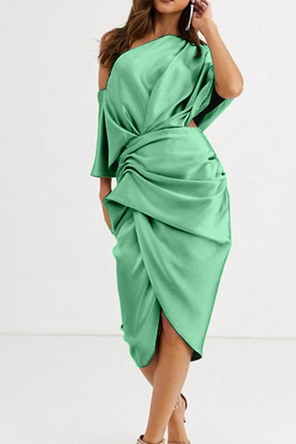 storexq Solid Color Unique Ruffles Midi Dress