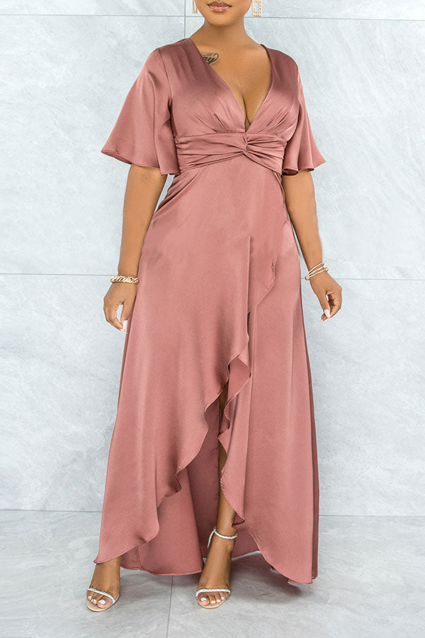 storexq Plain Glamorous Knotted High Low Slit Maxi Dress