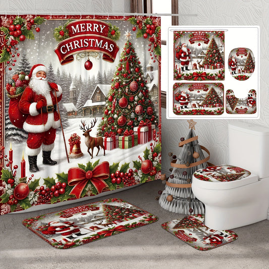 [Open] 1/4pcs Merry Christmas Winter Shower Curtain Set Santa Deer Tree Holly Funny Red Green Shower Curtain Waterproof Polyester Washable for Xmas Holiday Bathroom Shower Home Decor Ornament with 12 Hooks Non-slip Bath Mat U-shape Toilet Lid Cover Mat