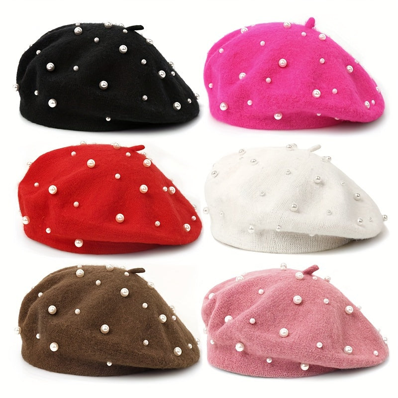 Stylish Pearl Embellished Beret Hat - Soft, Lightweight, Warm, and Elegant Solid Color Painter Cap for Women's Daily Use in Autumn and Winter - Perfect for Casual Outings and Formal Events