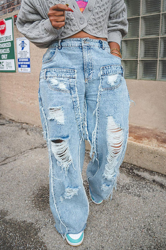 storexq Patchwork Ripped Burrs Cool Low Waist Jeans