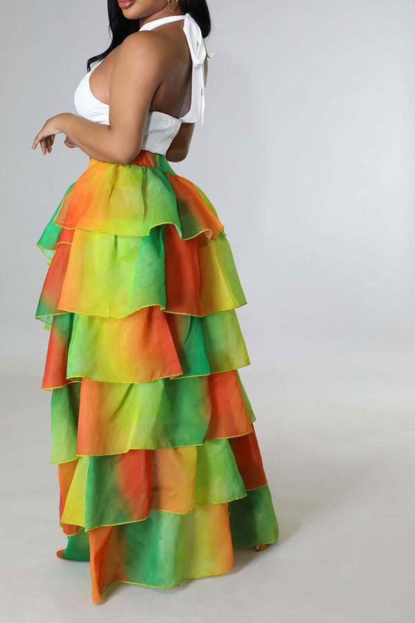 storexq Gradient Elegant Tiered Ruffle High Low Skirt