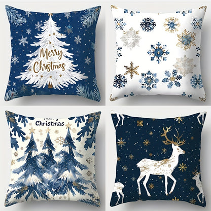 Contemporary Christmas Throw Pillow Covers Set of 4, Hand Washable Blue Polyester Decorative Pillowcases with Zipper Closure, Woven Elk, Christmas Tree, Snowflake Print Cushion Covers for Sofa, Bedroom Decor - 18x18 Inches (Pillow Inserts Not Included)