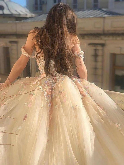 StoreXQ  Fairy Ball Gown Princess Prom Dresses Off the Shoulder Sweetheart Floral Appliques Formal Party Dresses Tulle Long Evening Gowns