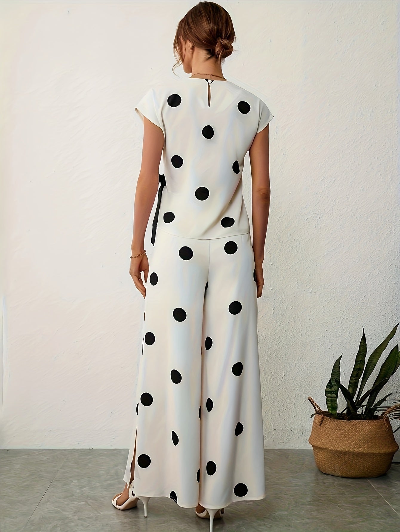 Fashionable Polka Dot Pantsuit Outfit - Soft Crew Neck Top with Back Keyhole & Knot Detail, High Waist Split Pants - A Stylish, Comfortable Wardrobe Staple for Trendy Women