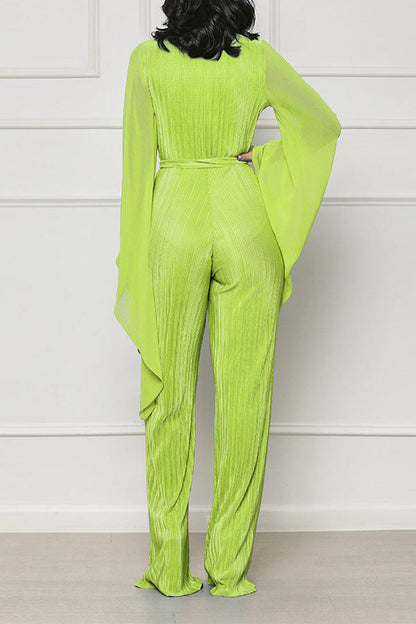 storexq Solid Color Chic Belted Pleated Jumpsuit