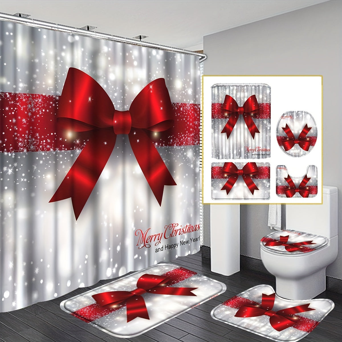 4pcs Machine Washable Christmas Shower Curtain Set, Waterproof Polyester Fabric with Non-Slip Bathroom Rug, Toilet U-Shape Mat, Toilet Lid Cover Pad, Bathroom Accessories, Bathroom Christmas Decor