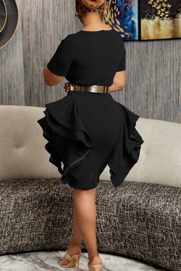 storexq Solid Color Elegant Side Ruffle Midi Dress